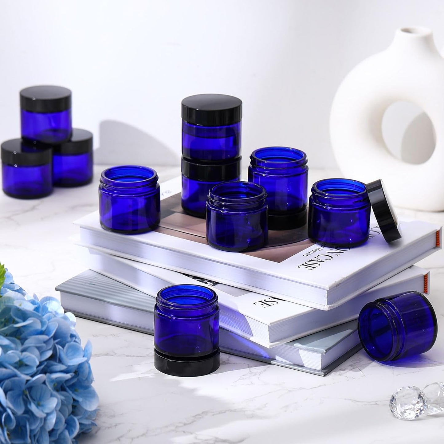 Domensi 32 Pcs 2 oz Glass Jars with Lids Travel Size Round Leakproof Empty Cosmetic Jars with Inner Liners Lid for Storing Makeup Lotions Face Cream Ointments Candle DIY Making (Cobalt Blue)-Velvo Beauty