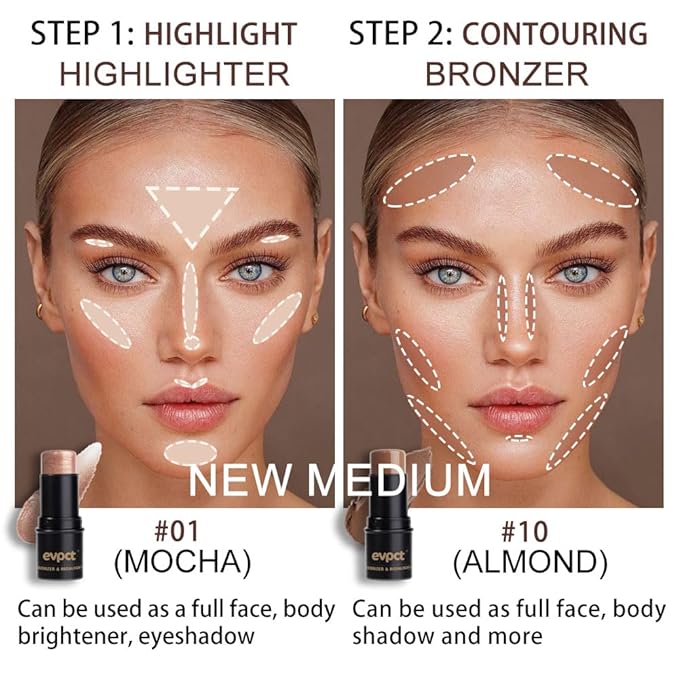 evpct 2Pcs Face Cream Contour Bronzer Sticks Makeup Highlighter Highlight Almond Mocha Creme Cheek Contour Sticks contorno en crema Bronzing Foundation Face Contour Stick Kit,1+10 New Medium-Velvo Beauty