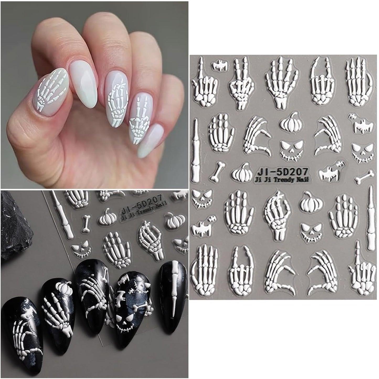 5 Sheets Halloween Nail Art Stickers Decals 5D Nail Decals Gold White Bone Pattern Sticker Self-Adhesive Skull Nails Supplies Accessories 3for Women Halloween Nails DIY Decoration-Velvo Beauty