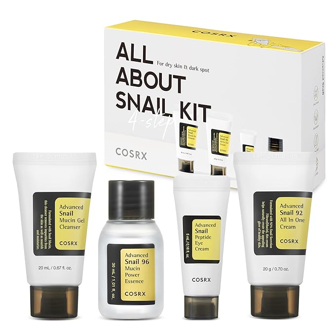 COSRX All About Snail Korean Skincare | TSA Approved Travel Size, Gift Set with Face Gel Cleanser, Essence, Cream & Eye-cream, Repairing, Recovering, Rejuvenating Kit with Snail Mucin, Korean Skincare-Velvo Beauty