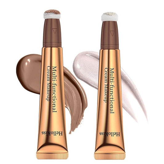 Liquid Contour Beauty Wand, Cream Highlighter Makeup Stick,Smooth Liquid Bronzer Stick with Cushion Applicator, Lightweight Blendable Body Face Shimmer Highlighter Contour Stick, Cruelty-free(02+05)-Velvo Beauty