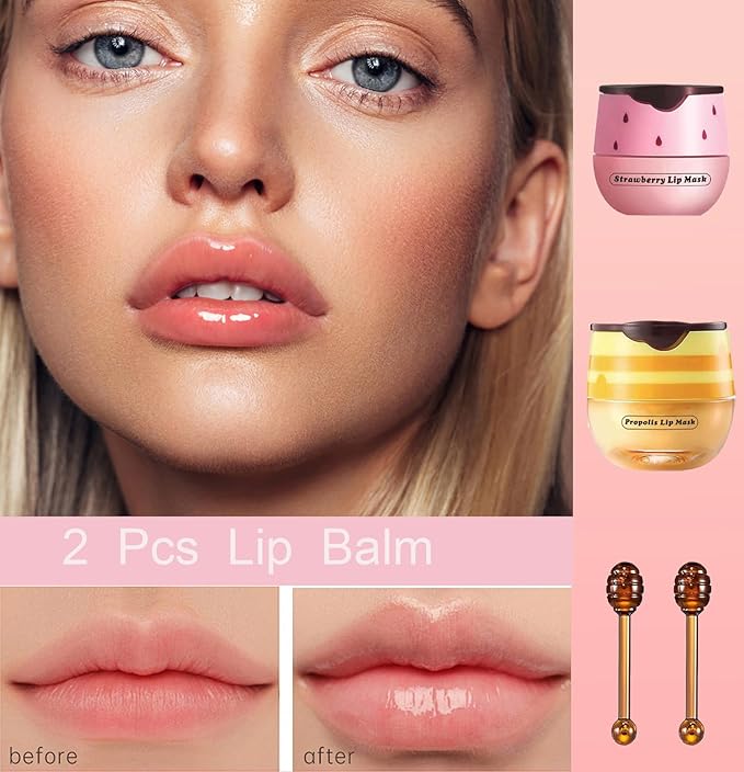 2 PCS Bee Lip Balm Honey Pot, Honey Strawberry Bee Lip Balm Sleeping Lip Mask Overnight with Sticks, Honey Pot Lip Balm Hydrating Exfoliating Prevention Dry and Crack Lip Scrubs-Velvo Beauty