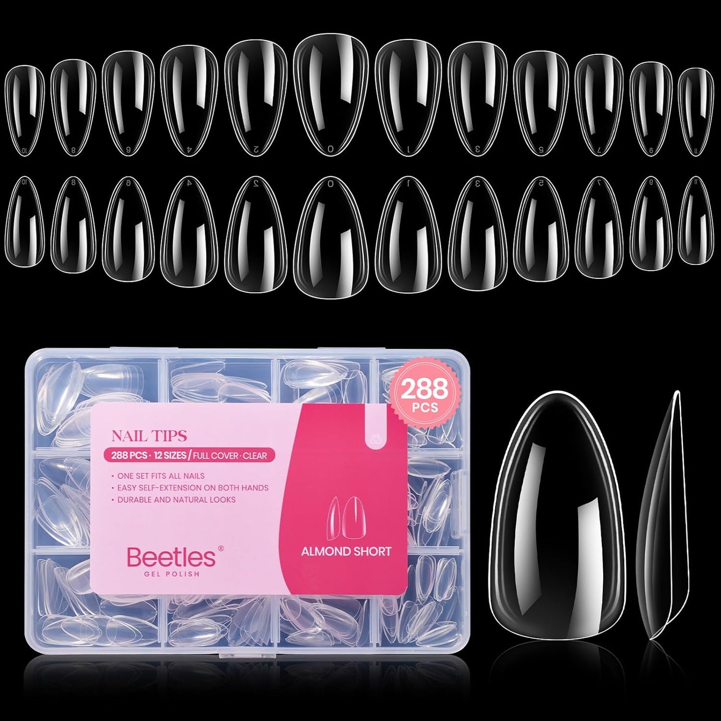 Beetles Gel Short Almond Nail Tips, 288Pcs Pre-Shape Clear Short Almond Gel Press On Nail Fake Nails Easy Nail Extension Full Cover False Nails for Gel Nail Polish Gelly Tips DIY Nail Salon-Velvo Beauty