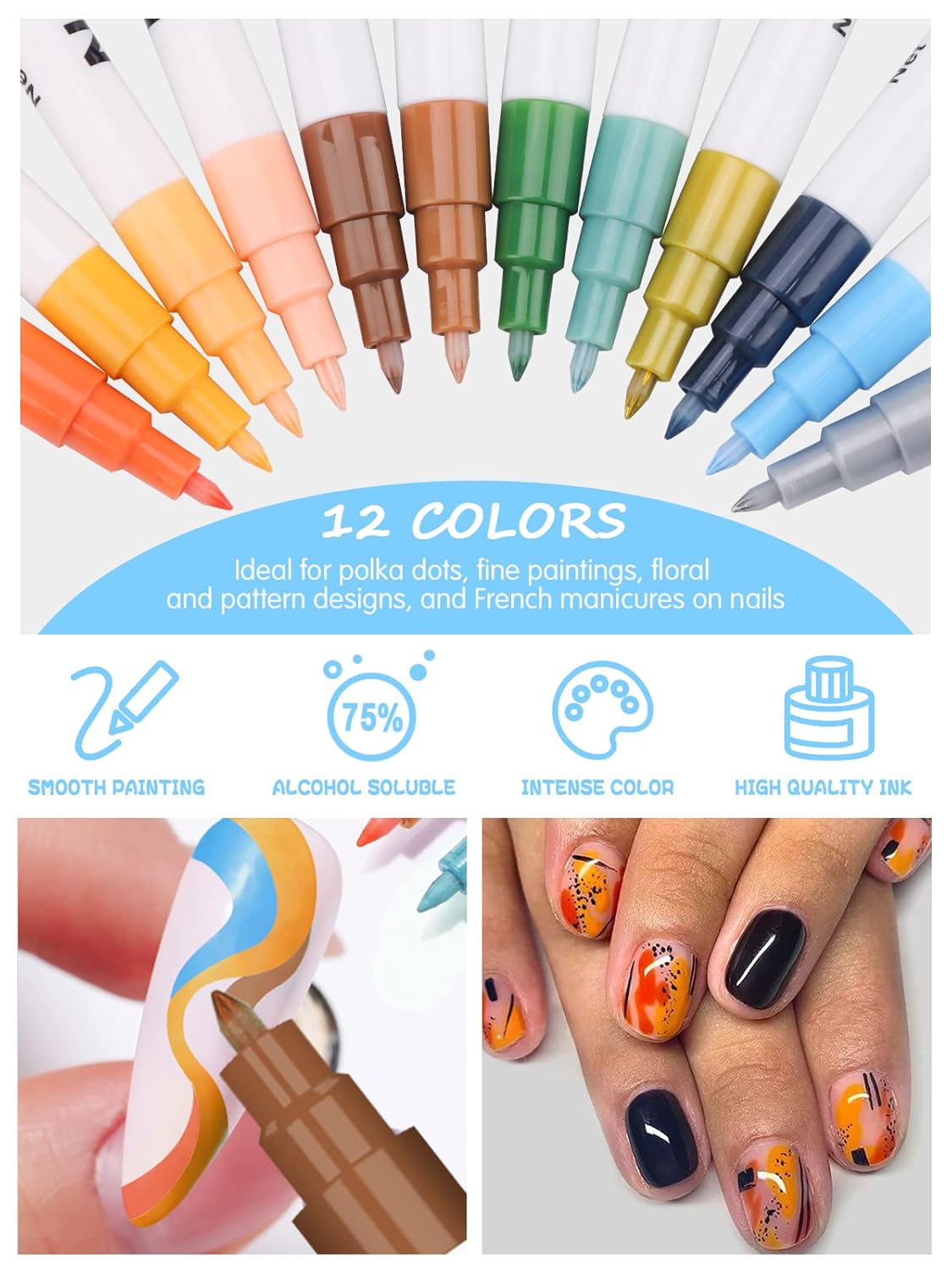 12 Color 3D Nail Art Pens Set, Kalolary Nail Point Graffiti Dotting Pen Drawing Painting Liner Brush for DIY Nail Art Beauty Adorn Manicure Tools(B)-Velvo Beauty