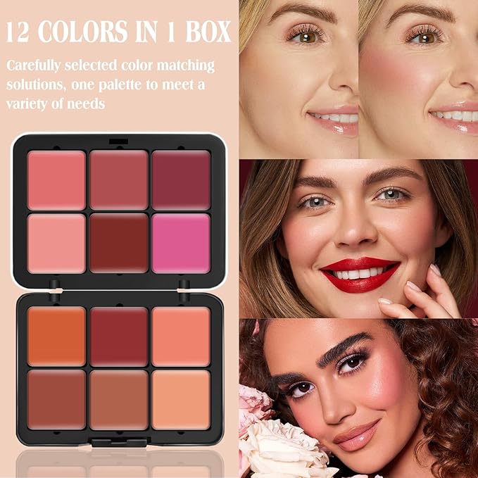12 Colors Cream [Blush] Makeup Palette for Cheeks - Multi-functional Blush Makeup Palette with Brush, Natural Matte Long Wearing, Waterproof Blendable Face Makeup Palette (#01)-Velvo Beauty