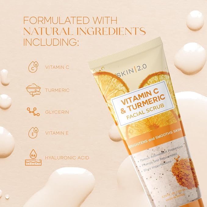 Vitamin C & Turmeric Face Scrub - Dermatologist Tested, Exfoliating, Brightening, Hydrating, Anti-Aging, Clean Beauty, Cruelty-Free Korean Skincare, All Skin Types - 6.76 Fl Oz / 200ML-Velvo Beauty