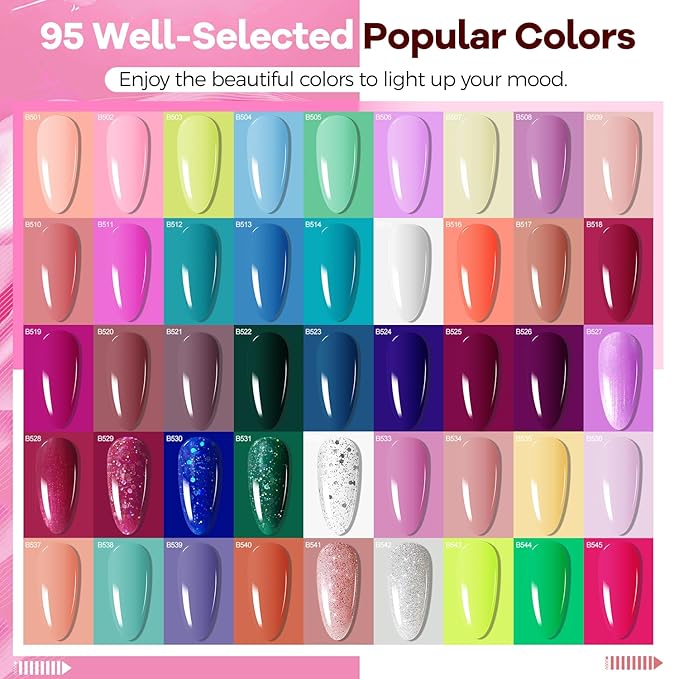 JODSONE 100 PCS Gel Nail Polish Starter Kit with U V Light 95 Colors Macarons Combined with Dark Colors Nail Gel No Wipe Base Coat Top Matte Coat Long Lasting Shine-Velvo Beauty