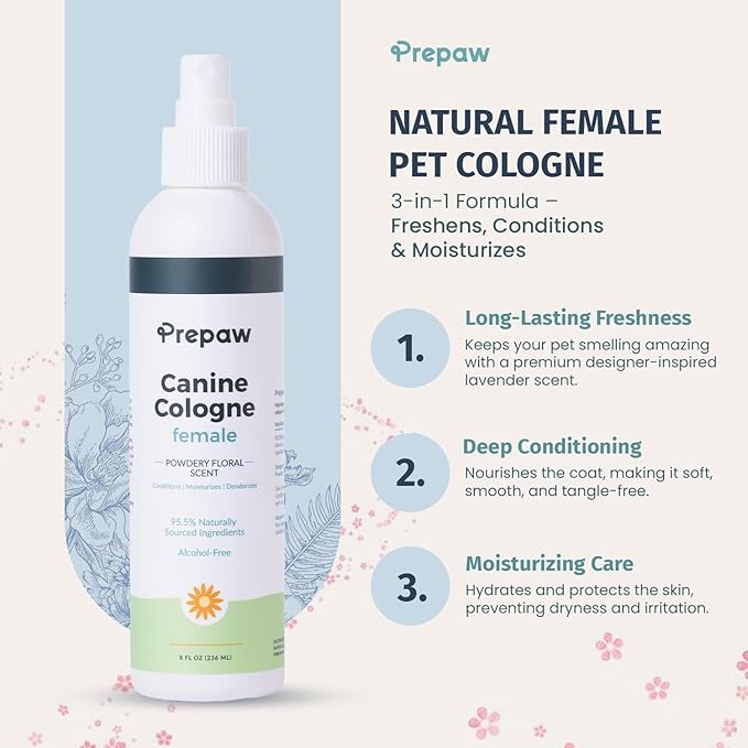 Natural Pet Cologne - Powdery Floral Scent, 3-in-1 Deodorizing, Conditioning & Moisturizing Spray for Dogs & Cats - Long Lasting. Daily Use, 8 fl oz (Female Pet)-Velvo Beauty
