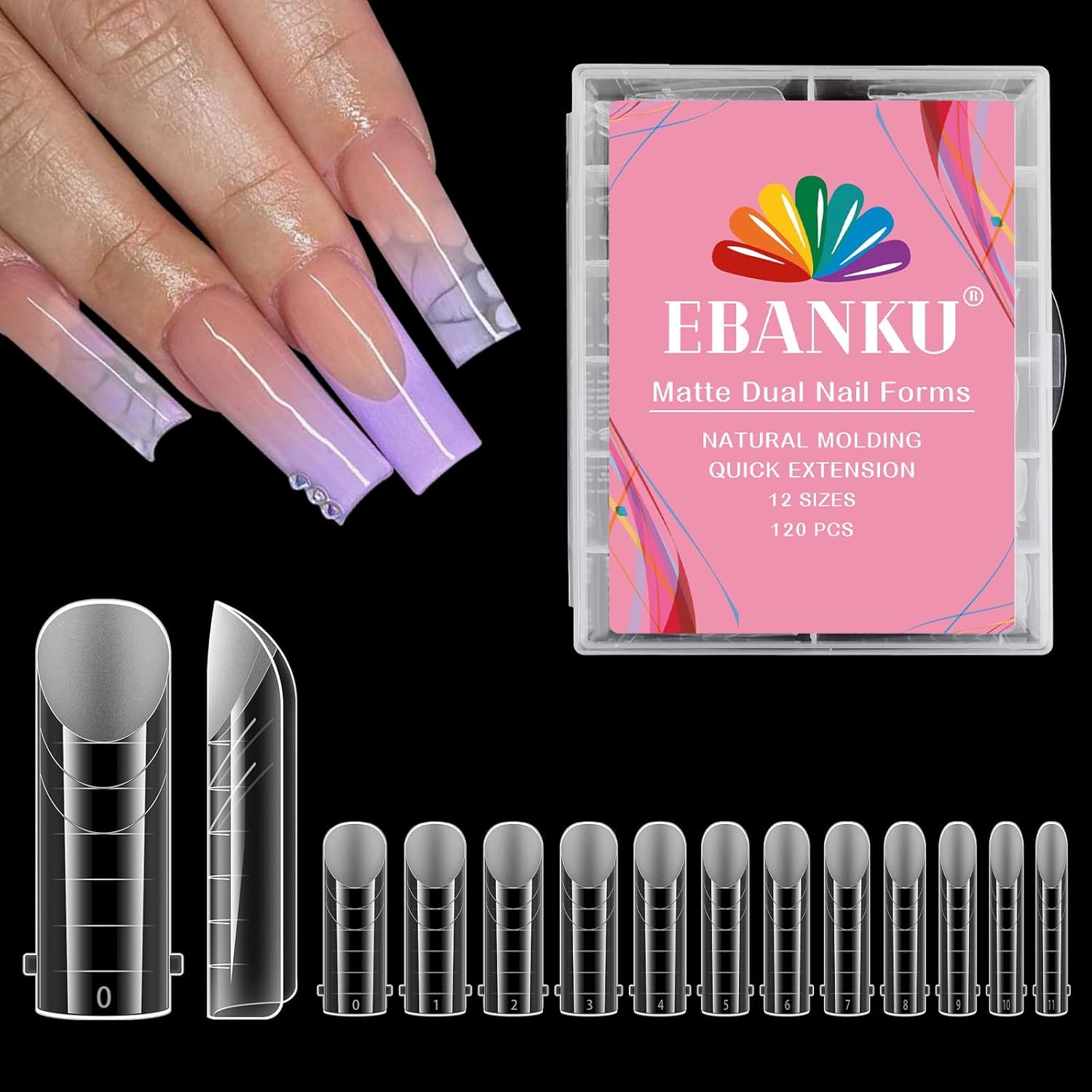 EBANKU Poly Gel Nail Forms, 120Pcs Coffin Matte Dual Nail Forms Clear Nail Molds Square Full Cover Nail Tips for Nail Extension Nail Art DIY 12 Sizes-Velvo Beauty