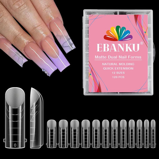 EBANKU Poly Gel Nail Forms, 120Pcs Coffin Matte Dual Nail Forms Clear Nail Molds Square Full Cover Nail Tips for Nail Extension Nail Art DIY 12 Sizes-Velvo Beauty