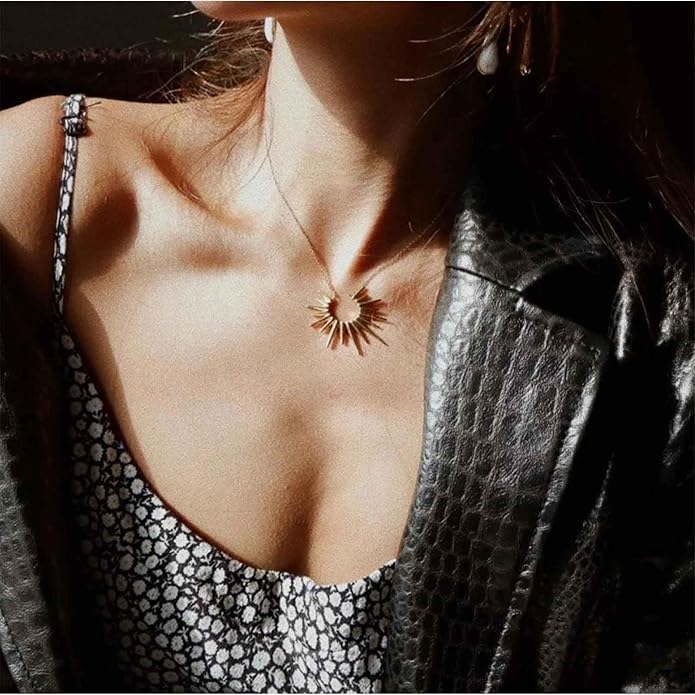 Vintage Sunburst Pendent Necklace Hollow Sunburst Necklace Moonstone Gold Sun Choker Necklace Open Sunburst Necklace Jewelry for Women (Gold)-Velvo Beauty