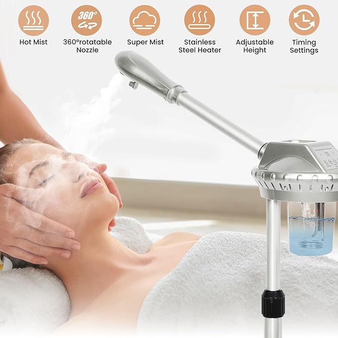 Facial Steamer Professional,Face Steamer for Estheticians with Hot Mist & Timer Function,Height Adjustable Vaporizador Facial Steamr on Wheels-Velvo Beauty