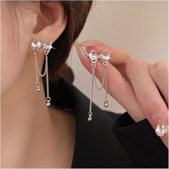 Vintage Crystal Bow Earrings Rhinestone Chain Drop Earrings Silver Long Chain Dangle Earrings Long Tassel Chain Earrings Jewelry for Women-Velvo Beauty