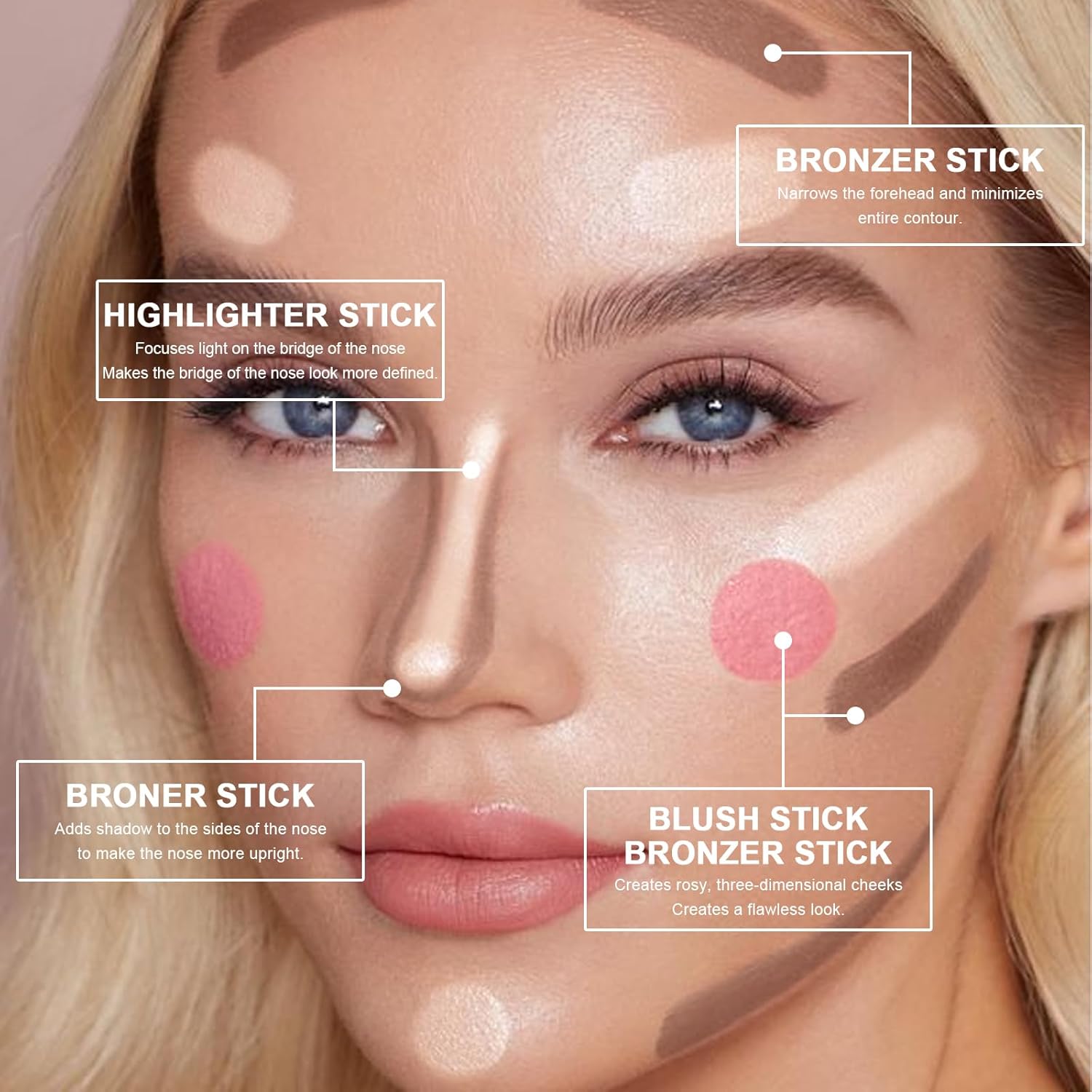 3 Colors Cream Contour Stick, Shades with Highlighter Stick,Blush Stick and Bronzer Contour Stick for Sculpt the Cheeks,Long Lasting,Waterproof,Matte & Dewy Finish for Women (LIGHT MEDIUM(2+5+6))-Velvo Beauty