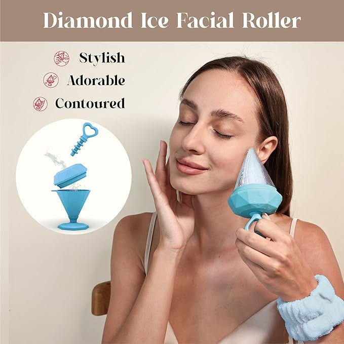 Rena Chris Ice Roller for Face: Diamond Ice Facial Roller, Reach Detailed Areas, De-Puff Eye Bags, Reusable Silicone Massage Ice Mold with Face Wash Wristband, Skin Care Tools for Women(Blue)-Velvo Beauty