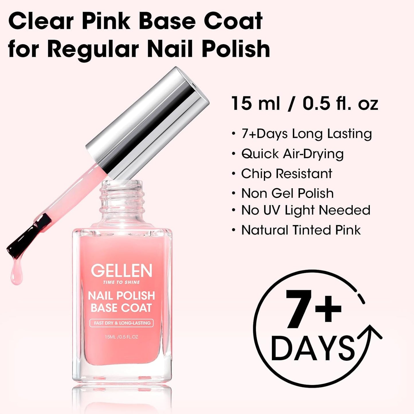 GELLEN Clear Nail Polish Base Coat Sheer Tinted Pink, Natural Color Regular Nail Polish, Calcium Formula Strengthens Nails, Enhances Natural Look, Quick Air Dry, Hema Free, Non-toxic, Anti-yellowing-Velvo Beauty