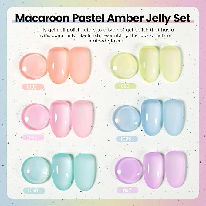 RARJSM Pastel Stained Glass Gel Nail Polish Set 6pcs Clear Orange Yellow Blue Pink Purple Crytal Transparent Jelly Series Sheer Amber Gel Varnish LED UV Curing Requires Spring Easter French Manicure-Velvo Beauty