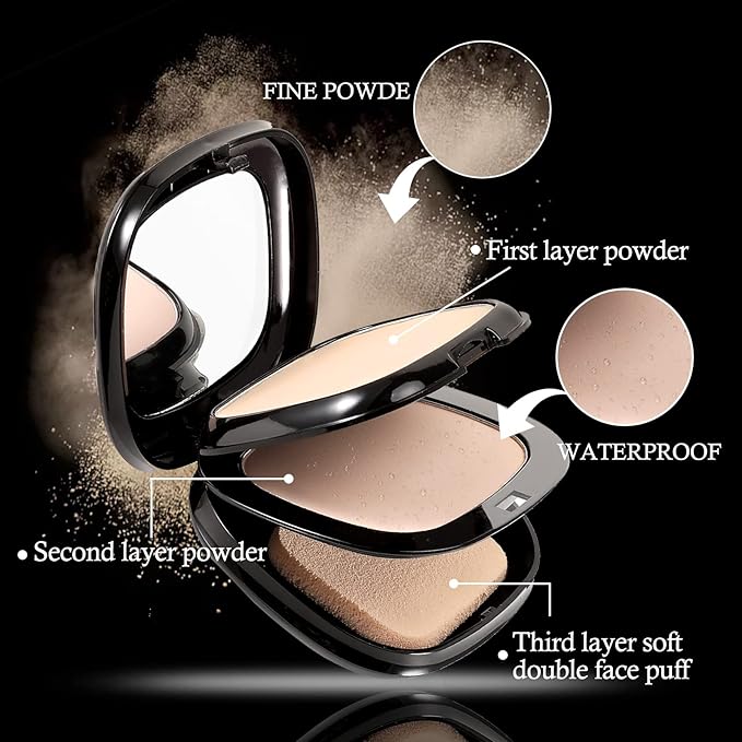 Boobeen Pressed Powder, Light Shade, Long-Lasting Matte Finish, Flawless Lightweight Makeup, 2 Layers Setting Powder Foundation, Compact with Mirror and Puff-Velvo Beauty