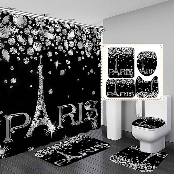 4PCS Eiffel Tower Shower Curtain Set, Luxury Jewelry Rhinestone Bling Diamond Paris Bathroom Decor, Waterproof Fabric Black Shower Curtain, Non-slip Bath Mat Toilet Lid Cover Bathroom Rugs-Velvo Beauty