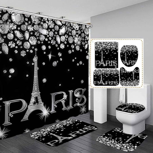 4PCS Eiffel Tower Shower Curtain Set, Luxury Jewelry Rhinestone Bling Diamond Paris Bathroom Decor, Waterproof Fabric Black Shower Curtain, Non-slip Bath Mat Toilet Lid Cover Bathroom Rugs-Velvo Beauty