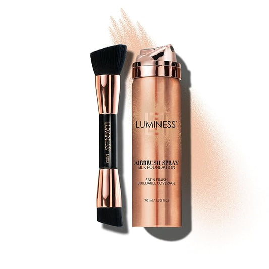 LUMINESS Silk Airbrush Spray Foundation & Buffing Brush Kit – Full Coverage Foundation & Dual-Sided Buffing Brush - Buildable Coverage, Anti-Aging Formula Hydrates & Moisturizes - Neutral Fair-Velvo Beauty