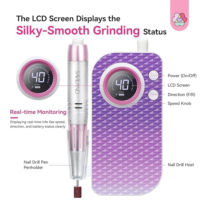 SAVILAND Essentials Electric Nail Drill: 40000RPM High-Torque Nail File Quick Removal for Acrylic Nails Easy Operation Portable Nail Drill for Beginner Home DIY Nail Art Manicure Pedicure-Velvo Beauty