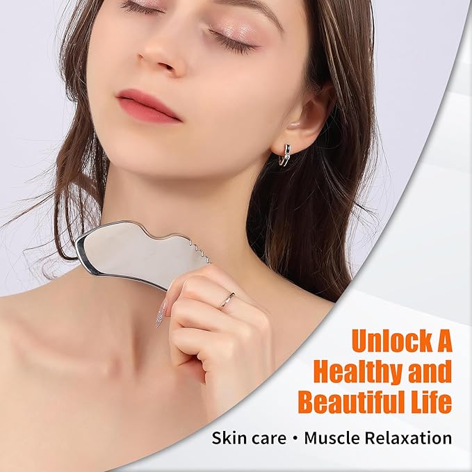 2Pcs Stainless Steel Gua Sha Facial Tools Set, Metal Face Comb Detail Skin Care Tools, Body and Face Gua Sha Sculpting for Tighten Skin Lymphatic Drainage-Velvo Beauty