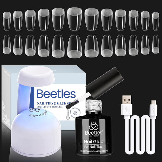 Beetles Gel Nail Kit Coffin: 504Pcs False Nail Tips Easy Nail Extension Set Short Coffin Shape 5 In 1 Nail Glue Uv Led Lamp Acrylic Gel Nail Kit DIY Nails Art Gifts for Women-Velvo Beauty