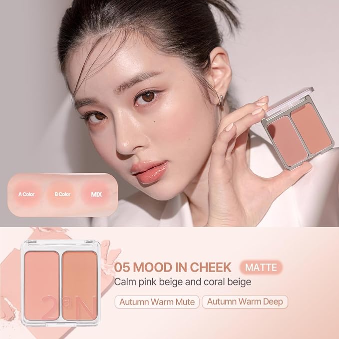 2aN Dual Color Face Blusher, Buildable & Blendable Cheek Color, Natural & Vibrant Finish, Long-Lasting Powder Blush, Blends Easily with Natural Skin Tones, Korean Beauty (05 Mood In Cheek)-Velvo Beauty
