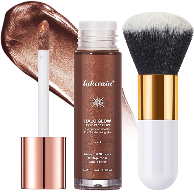 Natural Glow Liquid Filter Makeup, Longwear Face Luminizer, Complexion Booster For Any Part of the Body, Liquid Highlighter with Brush Kit, Infused Hyaluronic Acid, 1.06 fl oz (#08 RICH)-Velvo Beauty