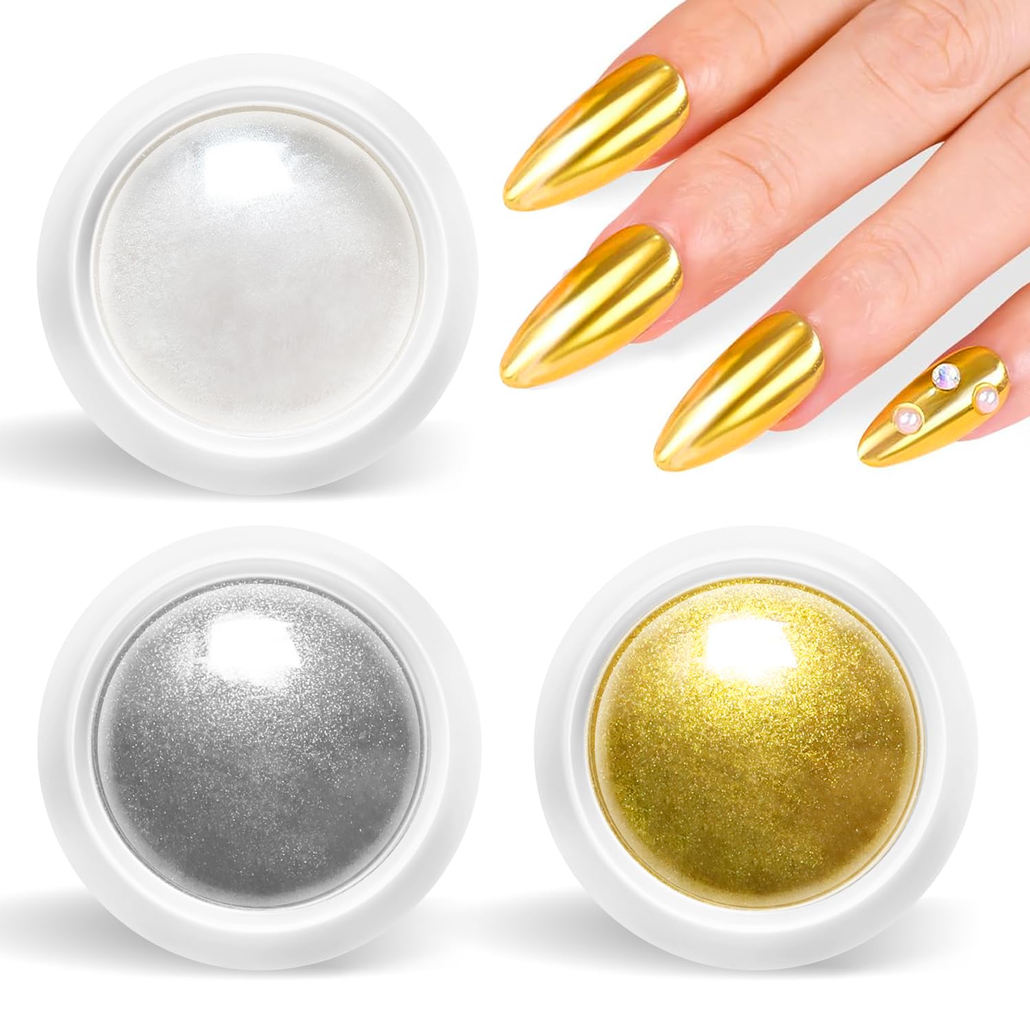 Gold Chrome Nail Powder BISHENGYF -【Magic Mirror Effect】 Pearl Chrome Nail Powder White Clear Aurora Mermaid Iridescent Silver Nail Chrome Powder Pigment Glitter Dust for Manicure Decroation DIY-Velvo Beauty