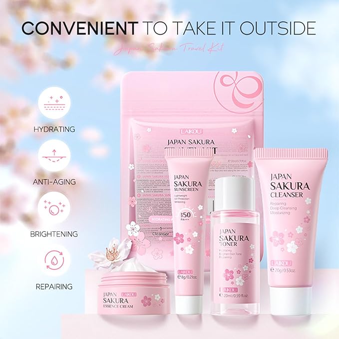 Sakura Travel Skincare Set for Teenage Girls - Face Routine Set for Women,4 Piece Gentle Skin Cleaning & Care Travel Size Kit With Cleanser, Toner, sunscreen and Face Cream-Velvo Beauty