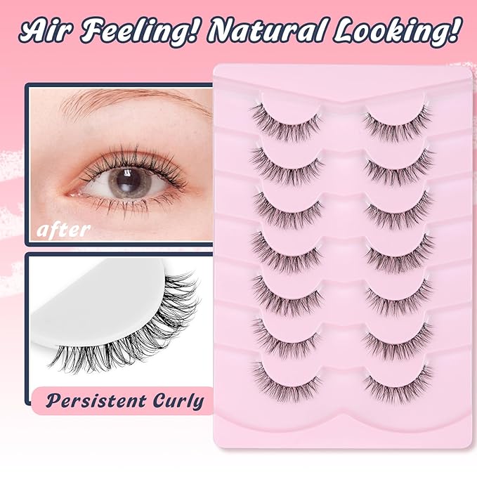 Natural Lashes False 11mm Short Eyelashes Wispy C Curl Eye Lashes Pack with Thin Cotton Band Fake Eyelash 3D Volume For Daily Siligli Lash 7 Pair-Velvo Beauty