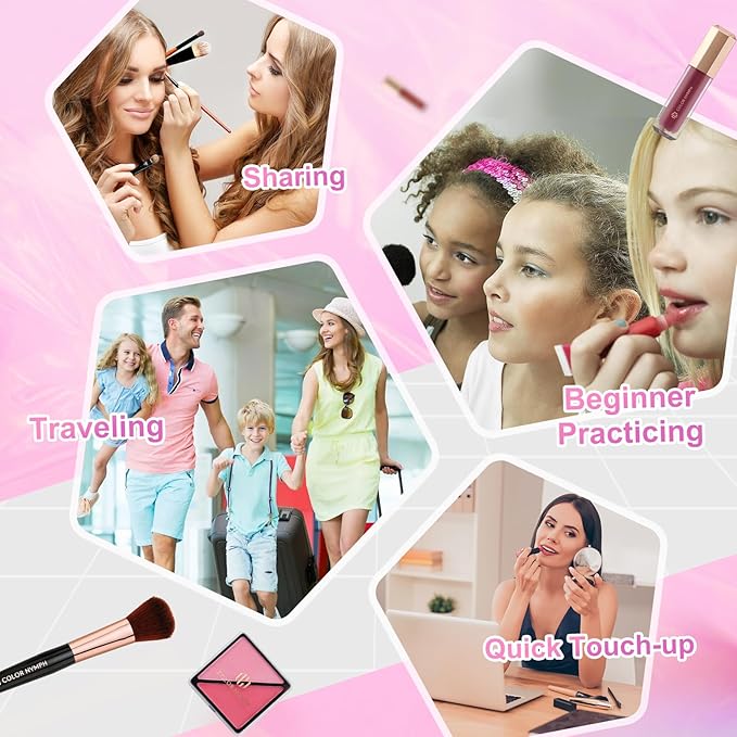 Color Nymph Starter Makeup Kit for Tweens Girls, Train Case for Women Full Kit with Eye Shadow, Lipstick, Blush, Brushes, Lipgloss, Mascara, Brow Wax and Mirror Pink Full Starter Cosmetics Set-Velvo Beauty