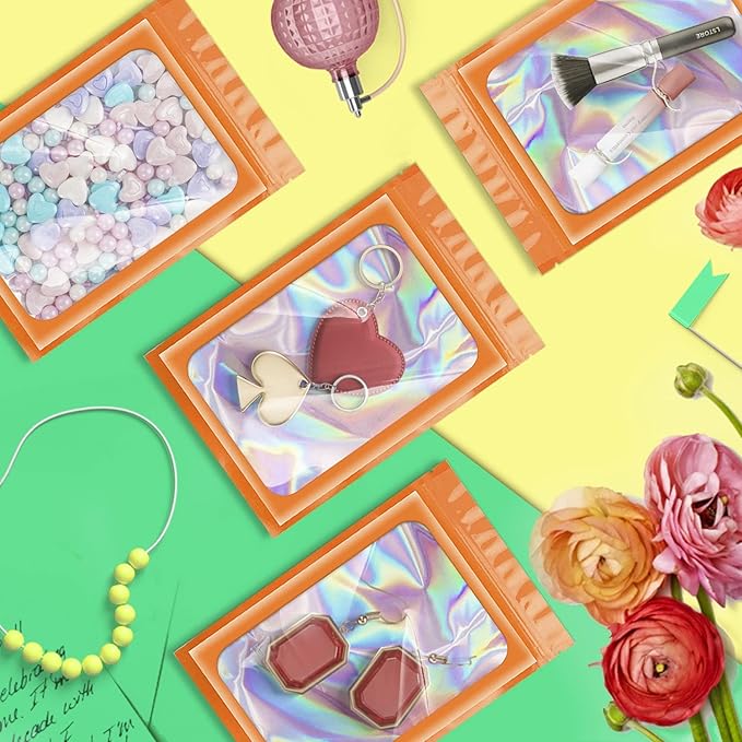 ANZNKU 100 Pcs Smell Proof Mylar Resealable Bags, Holographic Packaging Bags, Resealable Odor Foil Pouch Zip Bag with Clear Window for Food Storage and Lipgloss, Jewelry Lash (Orange, 4.7 x 7.9 Inch)-Velvo Beauty