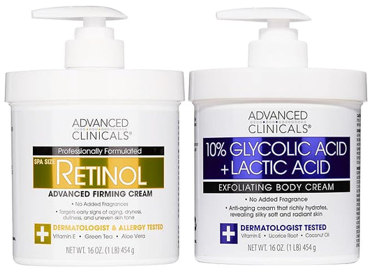 Advanced Clinicals Retinol Body Cream Moisturizer + Exfoliating 10% Glycolic Acid & Lactic Acid Lotion 2PC Skincare Set For Women & Men To Reduce Appearance Of Crepey Skin & Uneven Rough Skin Texture-Velvo Beauty