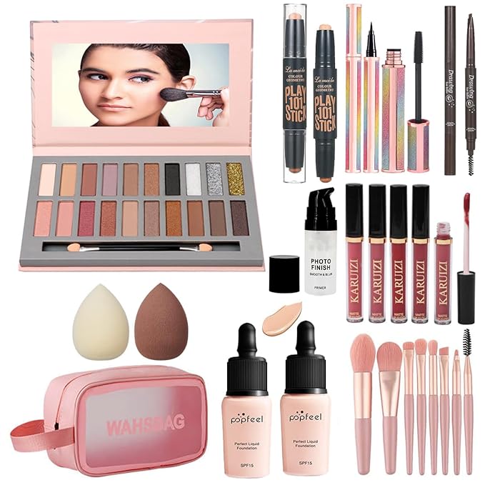 All in One Makeup Kit, Includes 20 Colors Eyeshadow Palette, RUIGPRO Foundation & Face Primer, Makeup Brush, Makeup Sponge, Eyebrow Soap, Winged Eyeliner Stamp, Gift Set for Women, Girls & Teens-Velvo Beauty