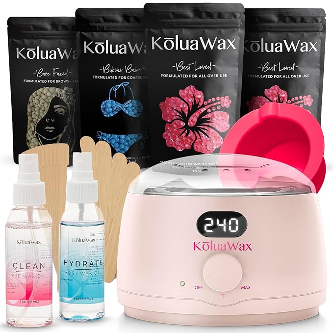 KoluaWax Premium Waxing Kit for Women - Hot Melt Wax Warmer for Hair Removal, Eyebrow, Bikini, Legs, Face, Brazilian & More - Machine + 4-Pack Hard Wax Beads + Accessories, Blush-Velvo Beauty
