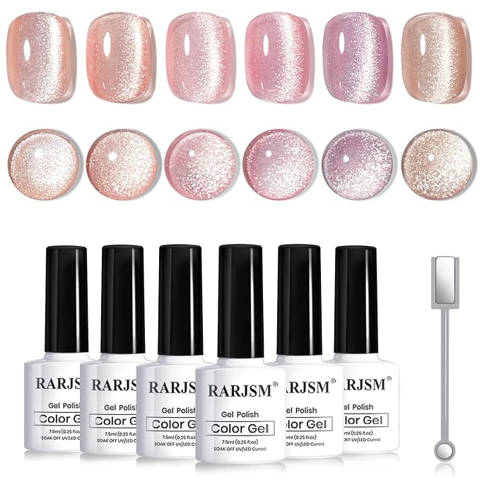 RARJSM Nude Cat Eye Gel Polish Set 6 Pcs Sparkle Diamond Glitter Sheer Purple Soft Pink Chanpagne Gold Velvet Ice Jelly Glass Cateye Gelpolish with Magnet Stick UV LED Curing Requires Home Manicure-Velvo Beauty