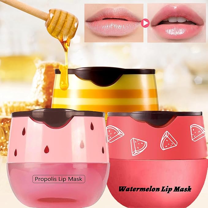 2 PCS Bee Lip Balm Honey Pot, Watermelon & Strawberry Sleeping Lip Mask Overnight, Hydrating Prevention Dry and Cracked Lip Scrub, Reduces Lip Lines, Brightening Lip Color-Velvo Beauty