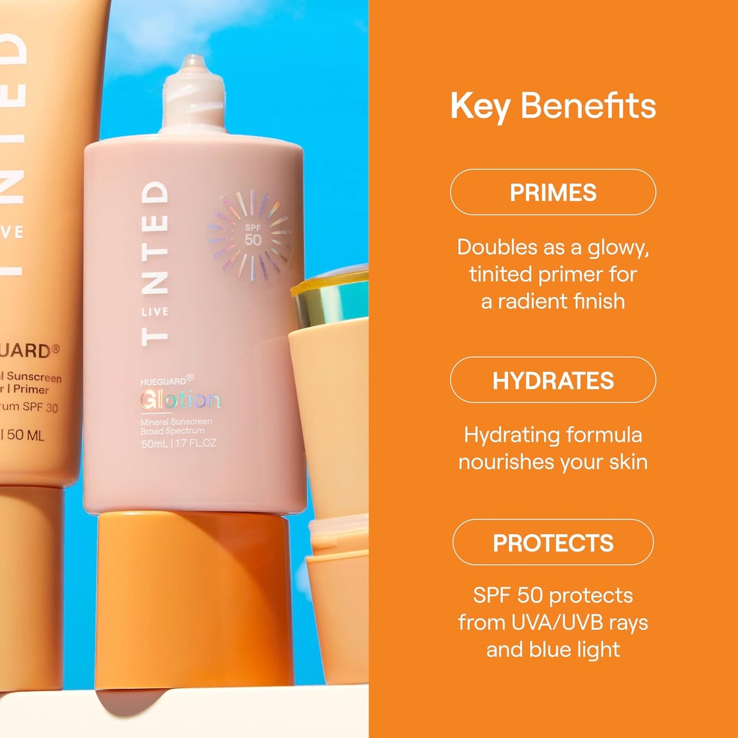 Live Tinted Hueguard Glotion Mineral Tinted Sunscreen For Face SPF 50 – Lightweight Fragrance-Free Sunscreen – Clean & Vegan Primer With SPF - Light Medium .5 FL Oz-Velvo Beauty