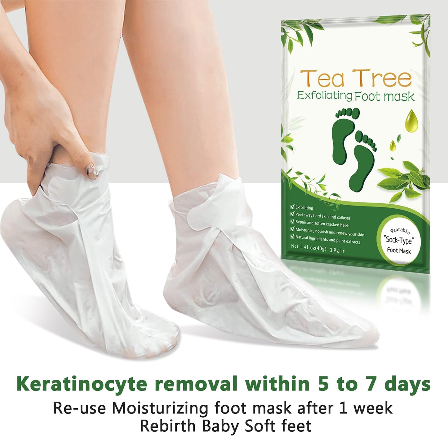 Foot Peeling Mask Moisturizing Socks 5Pairs, Foot Mask Remove Dead Skin, Rough Callus and Cracked Heels, Dry Skin Moisturizer for Soft and Smooth Baby Touch Feet (Tea Tree)-Velvo Beauty