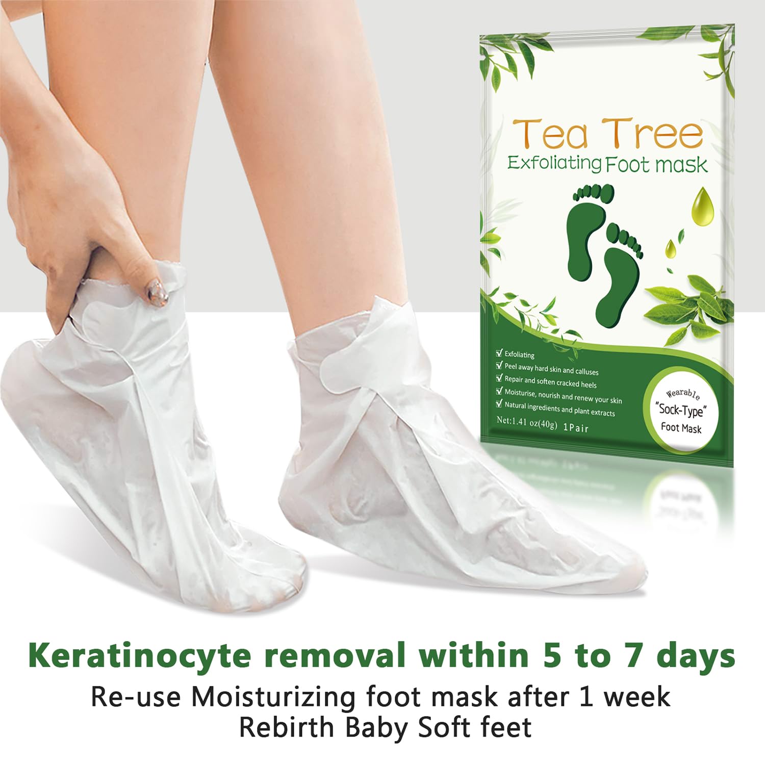 Foot Peeling Mask Moisturizing Socks 5Pairs, Foot Mask Remove Dead Skin, Rough Callus and Cracked Heels, Dry Skin Moisturizer for Soft and Smooth Baby Touch Feet (Tea Tree)-Velvo Beauty