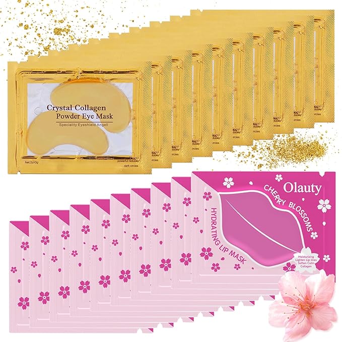 20 Pieces Lip Masks&24K Gold Under Eye Masks,Crystal Collagen Gel Eye Masks,Moisturizing Cherry Blossom Lip Patches Skin Care,Reducing Fine Lines & Dark Circle for Puffy Eyes,Birthday for Women-Velvo Beauty