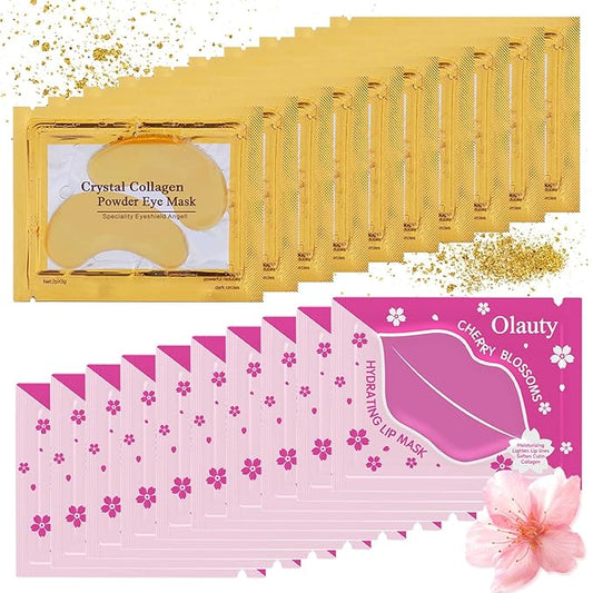 20 Pieces Lip Masks&24K Gold Under Eye Masks,Crystal Collagen Gel Eye Masks,Moisturizing Cherry Blossom Lip Patches Skin Care,Reducing Fine Lines & Dark Circle for Puffy Eyes,Birthday for Women-Velvo Beauty