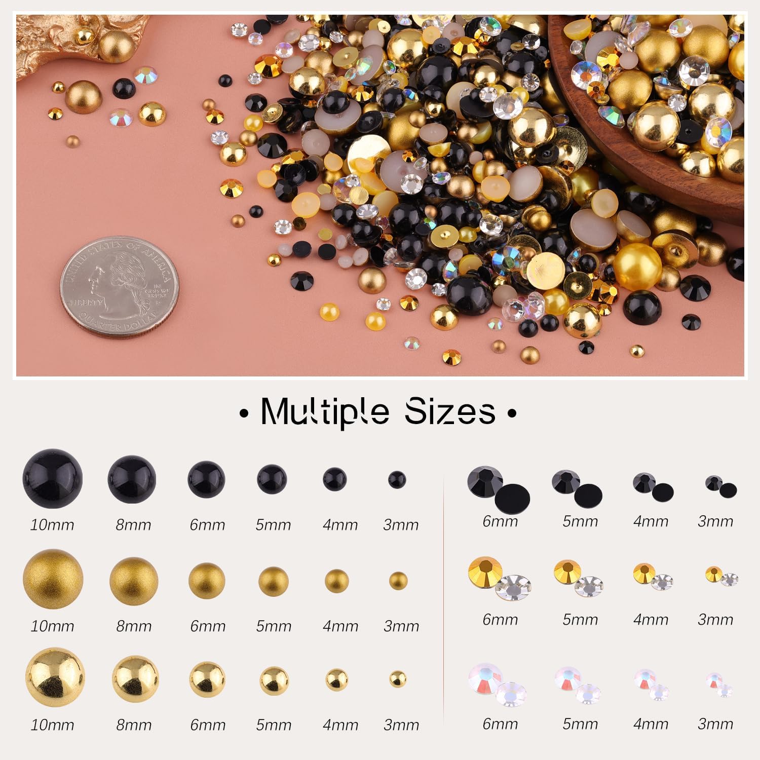 80g Flatback Pearls and Rhinestones for Crafting, Golden Black 3-10mm Resin Rhinestones and Half Pearls for Bedazzling, Nail Art and Dec with 3pcs 10ml B7000 Jewelry Glue, Tweezer and Pickup Pencil-Velvo Beauty