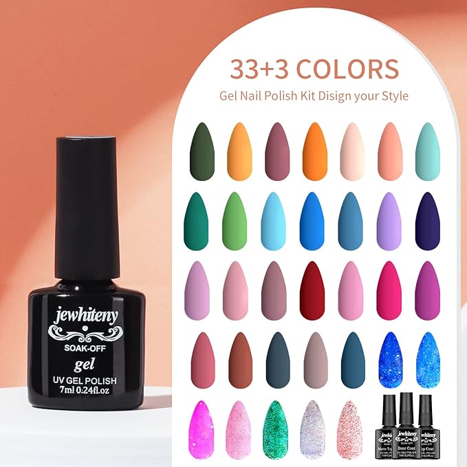 JEWHITENY Gel Nail Polish Kit, 36 Pcs 7ML Soak Off Gel Polish Set Pink Blue Green Yellow Gel Nail Kit Glitter Nail Art Starter Kit Beauty Gifts-Velvo Beauty