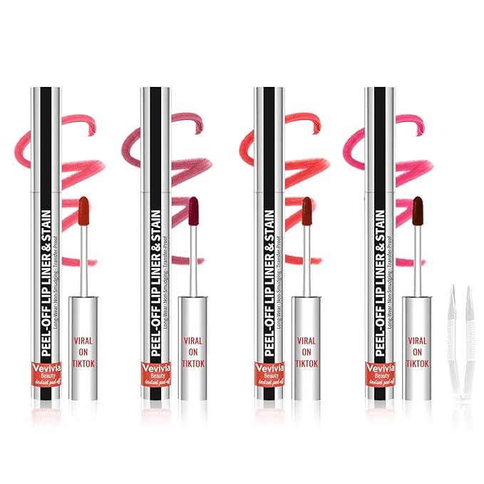 4pcs Lip Stain Peel Off - Lip Liner Stain Long Lasting Waterproof with Tweezer,2-in-1 Lip Liner Matte,Natural Finish,Non-Stick Cup,Stay On All Day,Perfect for Gift(Cocoa+Rose+Nude+Mauve)-Velvo Beauty