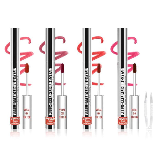 4pcs Lip Stain Peel Off - Lip Liner Stain Long Lasting Waterproof with Tweezer,2-in-1 Lip Liner Matte,Natural Finish,Non-Stick Cup,Stay On All Day,Perfect for Gift(Cocoa+Rose+Nude+Mauve)-Velvo Beauty