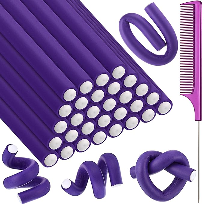 Syhood 30 Pcs 7'' Flexible Curling Rods Twist Foam Hair Rollers Soft Foam No Heat Hair Rods Rollers and 1 Steel Pintail Comb Rat Tail Comb for Women Long Short Hair(Purple,7 x 0.55 Inch)-Velvo Beauty